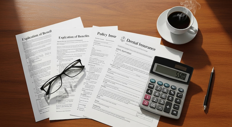A flat-lay of dental insurance documents, a calculator, glasses, and a cup of coffee on a wooden desk.