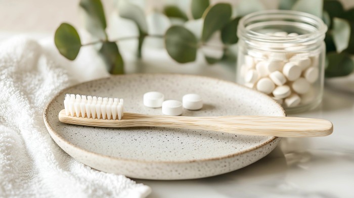 Toothpaste tablets next to a toothbrush