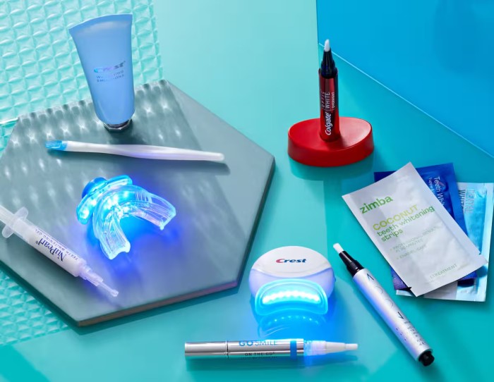 A collection of at-home teeth whitening products