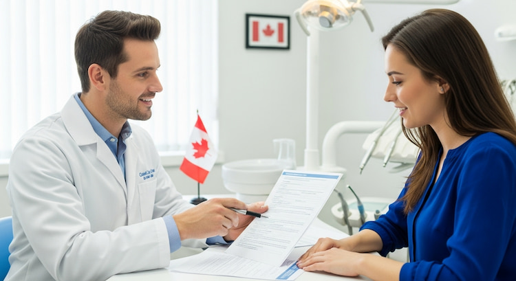 A CDCP dentist is assisting a patient with paperwork related to CDCP in a dental clinic.