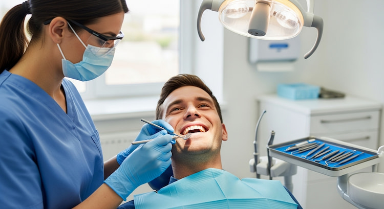 A dental hygienist performing a routine cleaning on a smiling patient in a bright dental office.