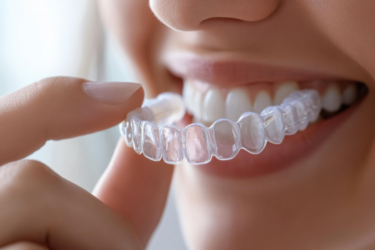 a person is holding an Invisalign near their teeth to wear them.