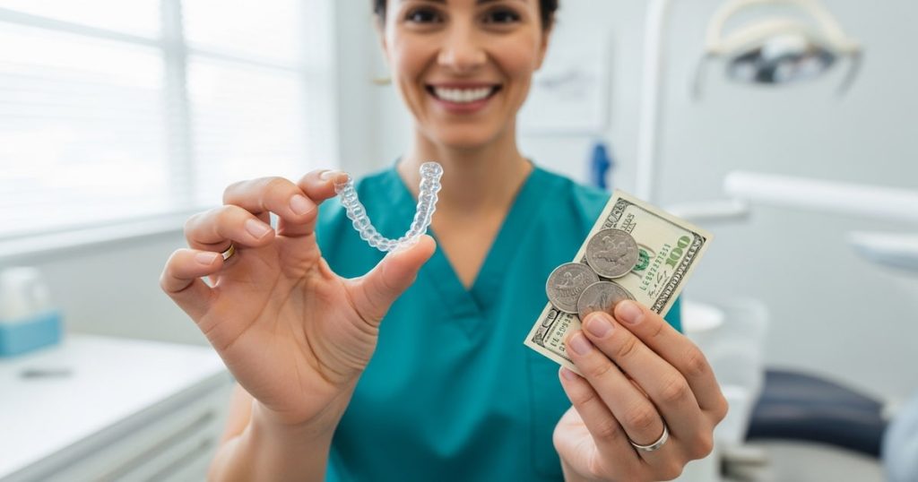 A smiling adult holding a clear Invisalign aligner in one hand and a small stack of coins and a dollar bill in the other, showing the Invisalign cost.