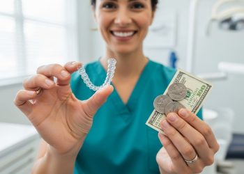 A smiling adult holding a clear Invisalign aligner in one hand and a small stack of coins and a dollar bill in the other, showing the Invisalign cost.