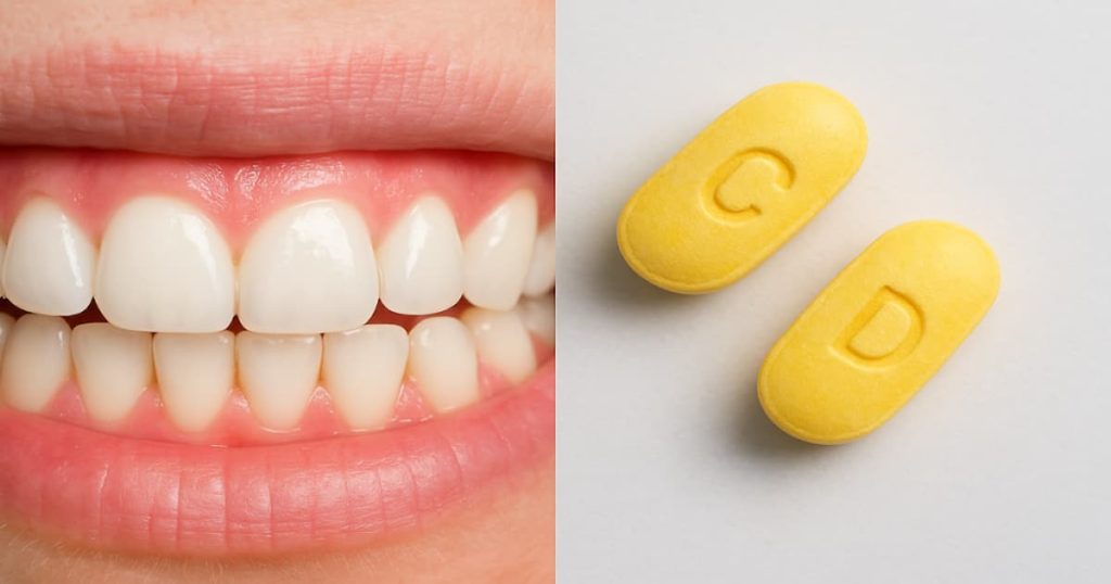 Healthy gums and teeth with vitamin C and D pills, showing vitamins for gums and teeth.