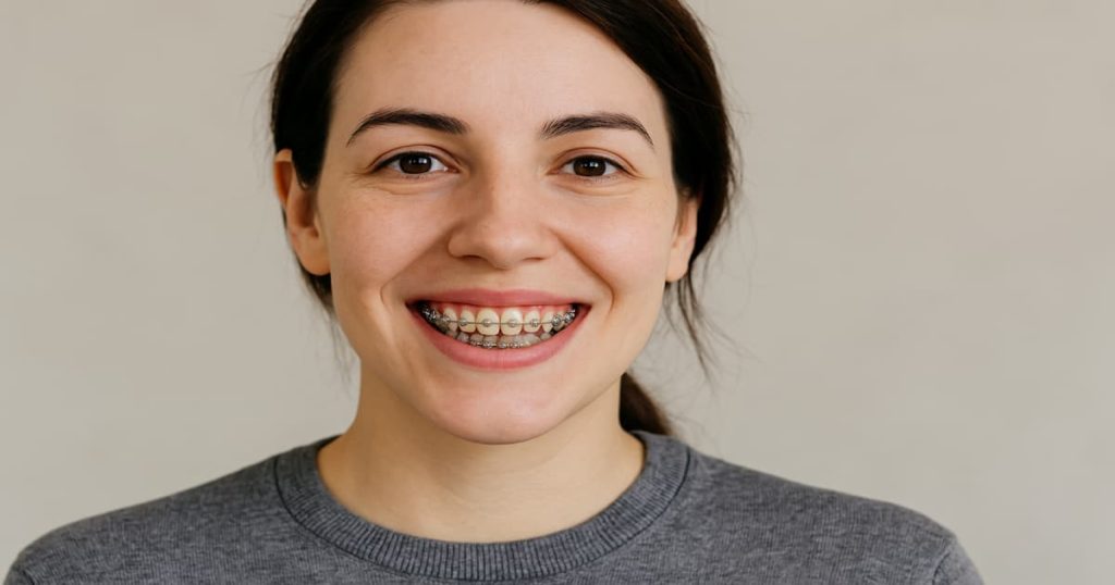 Smiling woman with metal braces showcasing braces cost in canada.
