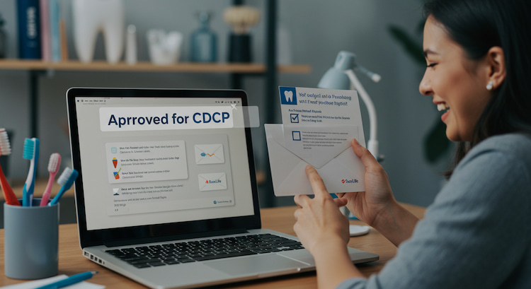 a person happily receiving a letter or email notification on their laptop/phone that says “Approved for CDCP.”
