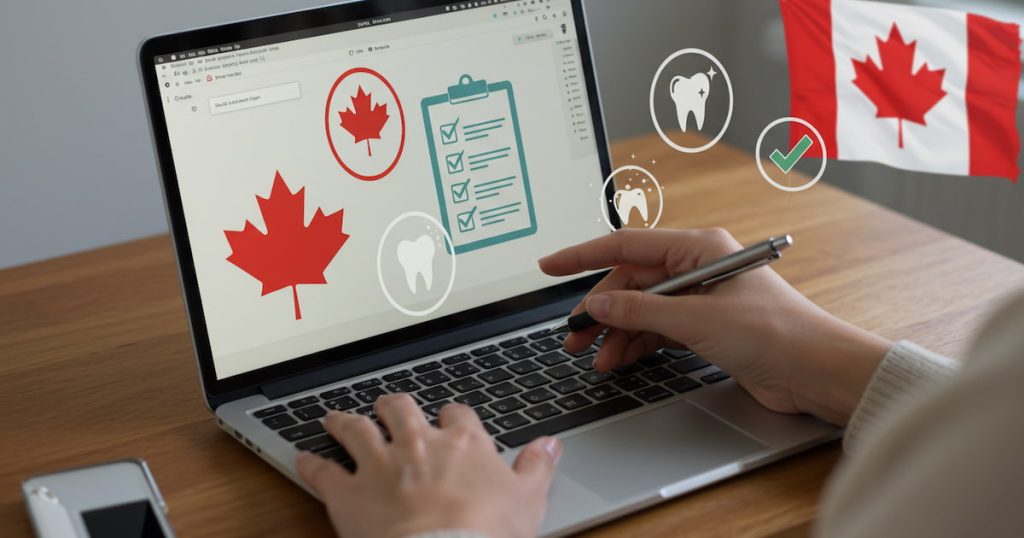 A person wants to check Canadian Dental Care Plan status using a laptop through its website.