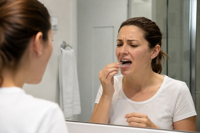 Woman in front of a mirror putting her retainer in her mouth while experiencing pain