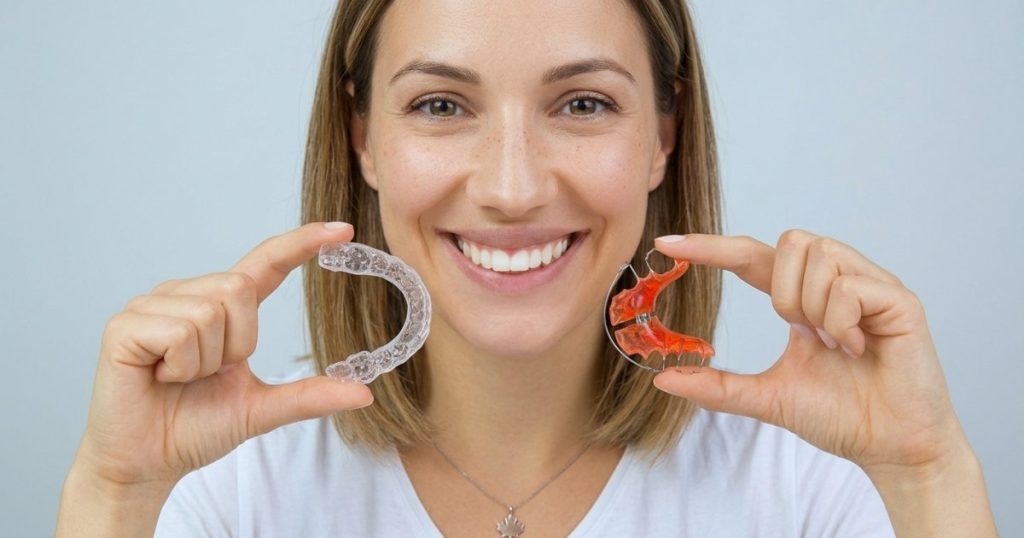 A smiling young woman holding two different types of retainers up to the camera.
