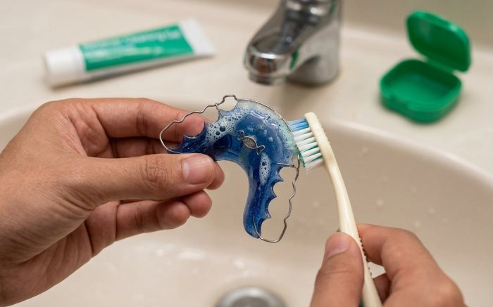 Brushing a retainer to keep it clean.